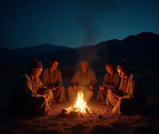 Prompt: (Ute family) gathered around a warm campfire, (traditional buckskin clothing) beautifully detailed, enjoying a rustic dinner under the starry night sky, warm amber glow, vibrant fire embers dancing in the cool evening air, serene wilderness backdrop with silhouetted mountains, (historic atmosphere), rich cultural heritage, 4K resolution, ultra-detailed, evocative scene capturing the essence of life's simplicity and connection to nature.