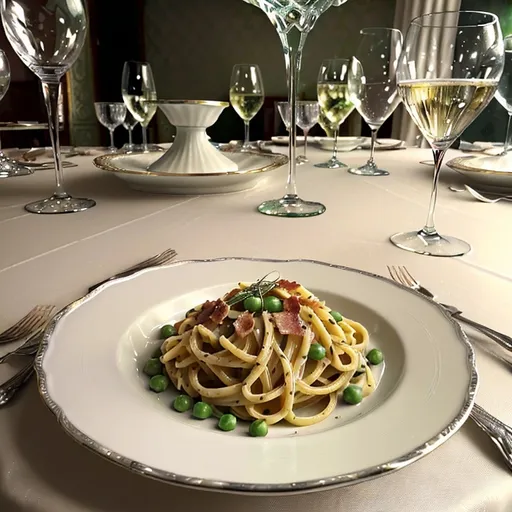 Prompt: (ultra-detailed) Pasta carbonara, rich creamy white sauce, generous crispy bacon pieces, vibrant green peas, elegantly served on fine china plate, formal silver place setting, crystal wine glass, fine white wine, luxurious dining table ambiance, soft warm lighting, inviting and sophisticated atmosphere, gastronomic masterpiece, HD quality, exquisite culinary presentation,romantic setting.