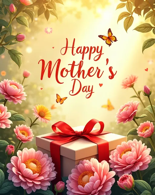 Prompt: Create a vibrant Mother's Day card design that radiates warmth and affection, utilizing a rich, sunny color palette featuring soft pinks, gentle yellows, and lush greens. The scene includes a beautifully wrapped gift, adorned with a fiery red ribbon, nestled among a bouquet of blooming flowers, such as daisies and roses, that symbolize love and appreciation. In the background, rays of golden sunlight filter through leafy branches, casting a gentle glow that highlights the card’s heartwarming message, “Happy Mother’s Day.” The text is elegantly scripted, conveying tenderness and joy. Incorporate elements like butterflies fluttering nearby, adding a touch of whimsy, while the overall composition exudes a nostalgic, inviting atmosphere, reminiscent of cherished family moments. Suggest a dreamy watercolor illustration style for a personal touch.