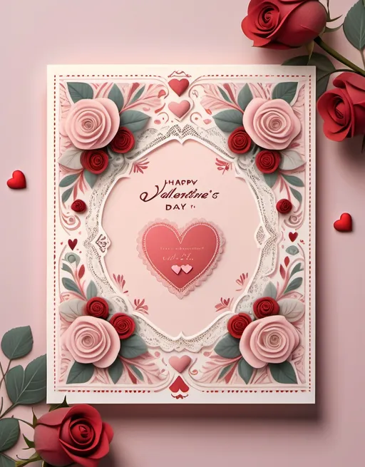 Prompt: Valentine's Day card, romantic and heartwarming design, soft pastel colors, delicate pink and red tones, adorned with whimsical hearts and roses, inviting handwritten messages, cozy vibe, intricate lace patterns, playful elements, charming typography, vintage aesthetic, perfect for expressing love, high-quality illustration, elegantly crafted for an unforgettable personal touch.