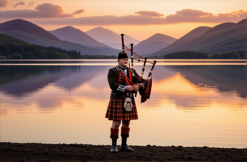 Prompt: Scotsman standing on the picturesque shore, playing a bagpipe in warm, gently glowing sunset hues, golden light reflecting on the tranquil loch, serene atmosphere, beautiful backdrop of rolling hills, soft waves lapping at the shore