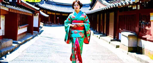 Prompt: (tall young Japanese woman wearing a traditional kimono), walking along a sunlit street, complex and detailed clothing patterns, vibrant colors of the kimono, realistic facial features, soft natural lighting casting gentle shadows, inviting atmosphere, serene environment, ultra-detailed, capturing the grace and elegance of cultural attire, beautiful backdrop of historical architecture.