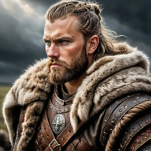 Prompt: Viking leader portrait in oil painting, rugged and weathered appearance, intense and fierce gaze, intricate braided beard, fur-lined cloak, battle-worn armor, majestic and authoritative expression, high-res, ultra-detailed, oil painting, viking mythology, viking warrior, viking fantasy, rugged beauty, atmospheric lighting