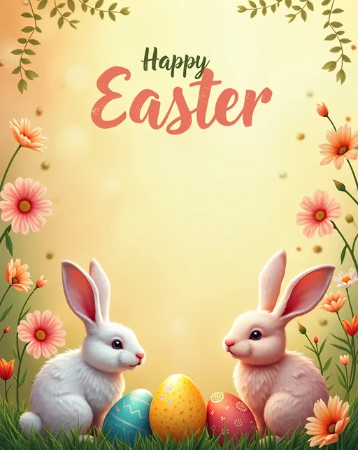 Prompt: Happy Easter Card, cheerful advertising style, vibrant spring theme, warm color scheme, bright pastel hues, playful bunnies and colorful eggs, festive floral elements, smooth and polished design, eye-catching typography, inviting atmosphere, uplifting vibe, cozy background, soft textures, high quality, ultra-detailed, designed to resonate emotionally with viewers.