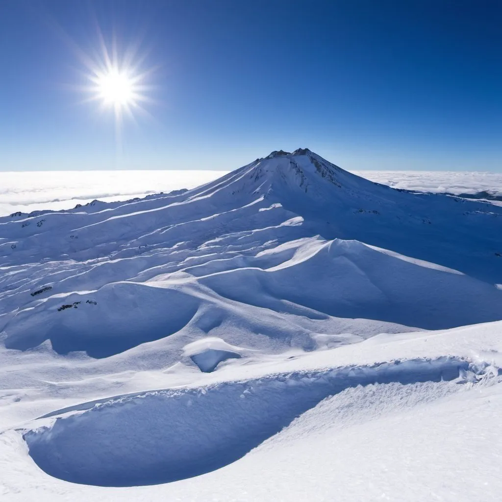 Prompt: New Zealand, Mt Ruapehu landscape image 
Full snowpack, clear blue sky, sun from the North West. 