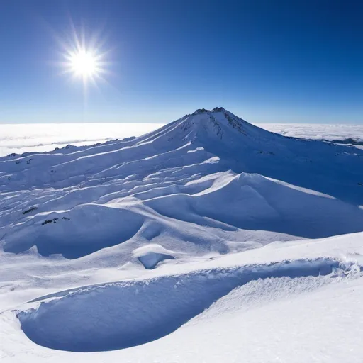 Prompt: New Zealand, Mt Ruapehu landscape image 
Full snowpack, clear blue sky, sun from the North West. 