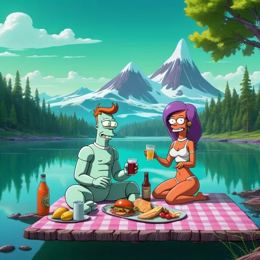 Prompt: Futurama characters Leela and Fry having a picnic on Alpha 3, green color lake, high quality, futuristic illustration, vibrant colors, detailed features, sci-fi, character interaction, scenic landscape, professional rendering, bright and airy lighting