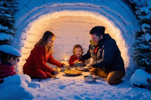 Prompt: Life in an igloo, a woman preparing lunch inside a cozy igloo, her husband and children around her, gentle frosty glow illuminating the walls, serene winter ambiance, snow gently falling outside, high quality, ultra-detailed, family warmth, love and laughter filling the atmosphere. <<THE_MARKER>> Life in an igloo.