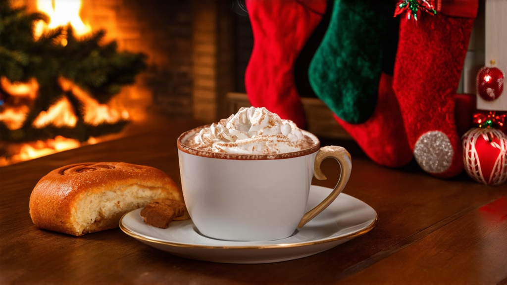 Prompt: (cozy nook), wooden table, steaming mug of hot cocoa (topped with fluffy whipped cream), freshly baked cinnamon roll (rich and inviting), crackling fireplace (warm ambiance), Christmas stockings hanging from the mantle (holiday spirit), warm lighting, soft textures, festive decorations, ultra-detailed, HD, inviting atmosphere, tranquil Christmas setting.