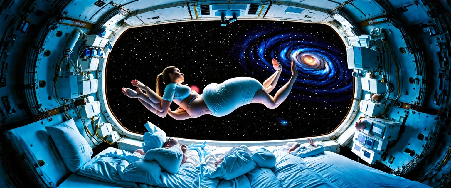 Prompt: Zero gravity hospital aboard Space Station Alpha: A pregnant woman, floating weightlessly, gives birth in a realistic delivery room. The room is filled with advanced medical equipment and softly glowing lights. The window offers a breathtaking view of the cosmos - a swirling spiral galaxy or a tranquil nebula, providing a stunning backdrop for this unique moment.