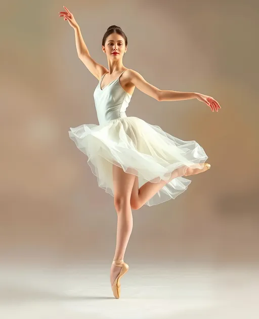 Prompt: Ballerina in a luxurious white silk tutu.

Graceful pose, soft draping fabric, ethereal light surrounding her, delicate)tutu leaping in motion, detailed facial expression conveying concentration and elegance, background blending pastel colors, harmonious and serene atmosphere
