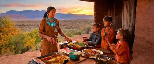 Prompt: A Navajo woman, adorned in turquoise jewelry, is pictured on a Pueblo overlooking a lush valley at sunset. She wears traditional buckskin clothing while preparing a dinner of traditional Native American food. Her husband and children, dressed in similar attire, eagerly await the meal in their cozy, rustic home.