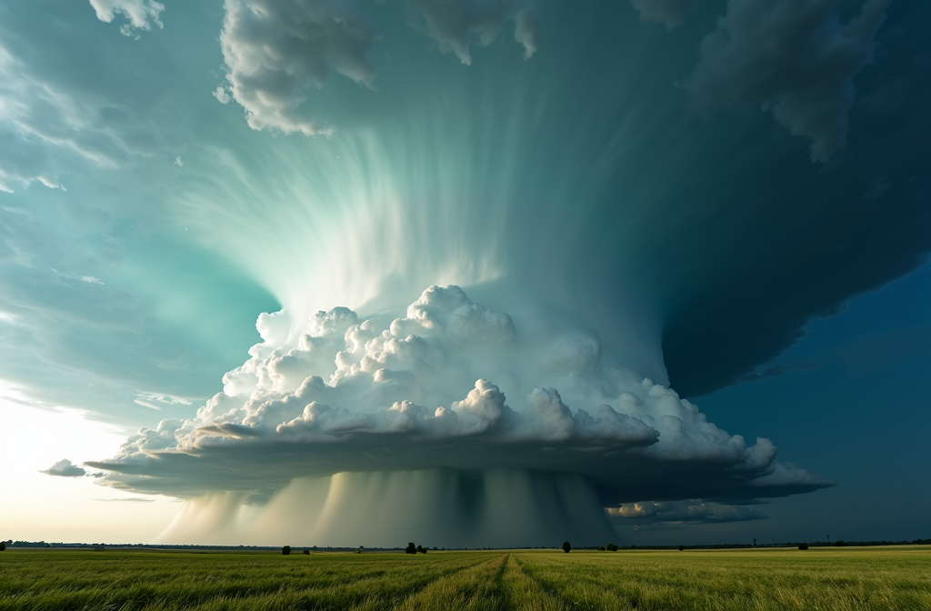 Prompt: Supercell Thunderstorm over East Texas plains, 
 towering  clouds reaching into the stratosphere