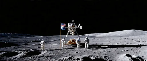 Prompt: Apollo 11 landing on the moon, (historic moment), lunar surface, desolate landscape with craters, earth shining in the dark sky, astronauts planting the American flag, (high detail), (dramatic shadows), vibrant contrast of moon gray against the deep blackness of space, (ultra-detailed), captures the exhilaration of human achievement, (cinematic atmosphere).