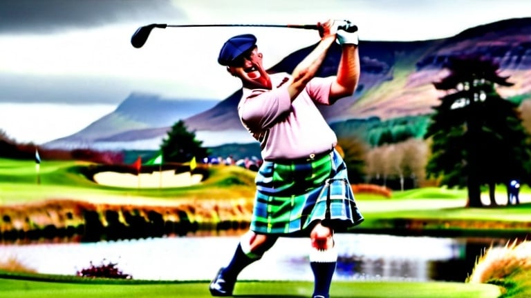 Prompt: A humorous picture of Nessie teeing off in the Scottish National Golf tournament. He is wearing a kilt and has just hit the ball out of the park.