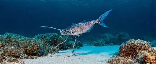 Prompt: The tripod fish is a deep-sea creature that stands on the ocean floor using three long fins, including two pelvic fins beneath its body and its tail fin. It stands about 30-40 cm (12-16 inches) tall in this position.

This allows it to remain still in strong currents and conserve energy while waiting for food. Its pectoral fins, located on the sides of its body, act like arms to catch small prey that drifts by.