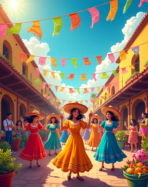 Prompt: Create a vibrant Cinco de Mayo greeting card bursting with life and color. The scene is set against a backdrop of a festive street celebration, with colorful papel picado banners fluttering in the warm breeze. The sky is a brilliant blue, dotted with fluffy white clouds as the sun casts a golden glow over the festivities. In the foreground, a joyful group of people is dancing, adorned in traditional attire: bright dresses, embroidered shirts, and wide-brimmed sombreros. Their expressions radiate excitement and camaraderie, embodying the spirit of the holiday. Surround the scene with lively maracas, piñatas bursting with color, and tables laden with delicious tacos and vibrant drinks. Use an advertising style that enhances this joyful atmosphere, ensuring the colors pop and captivate the viewer's attention.