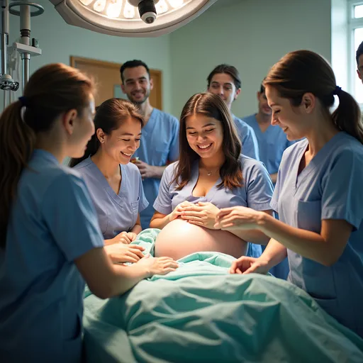 Prompt: In the bustling maternity hospital, a joyous scene unfolds: a new mother, radiant and expectant, prepares for her first baby's arrival. Surrounded by attentive, uniformed medical professionals, the delivery room buzzes with anticipation. The doctor, poised and focused, leads the team in this miraculous event, as the nurses lend their skilled support. Love and excitement fill the air, capturing the transformative moment when a family expands and a new life begins.