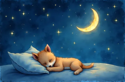 Prompt: In a tranquil night scene, a luminous crescent moon hangs high in a velvety indigo sky, its silvery glow casting a gentle radiance over the world below. Surrounding it, countless stars twinkle like tiny diamonds, their soft brilliance illuminating the canvas of night, creating a sense of serene wonder. Amidst this celestial beauty, the viewer feels the warmth of a strong but tender gaze, embodying deep affection and friendship—bright eyes reflecting the starlight as they watch over a peaceful sleeper. The air is cool and refreshing, brushed with whispers of a soft breeze that carries the soothing sounds of nature. This dreamy watercolor illustration captures the profound connection and comfort of companionship, culminating in a heartfelt wish for sweet dreams.