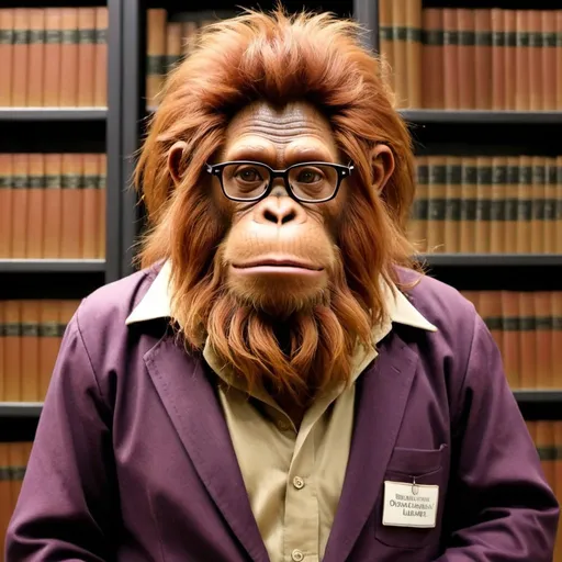 Prompt: Please make a picture of the Librarian of the Unseen University Library after he was turned into the Orangutan by a magic spell.  