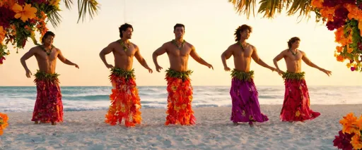 Prompt: Traditional dress of Hawaiian men and women, (dancing the hula), on a pristine white sandy beach, (sunset backdrop), soft waves lapping the shore, vibrant tropical flowers framing the scene, (muted warm tones), (joyful ambiance), (captivating rhythms), high detail capturing cultural richness and elegance, (4K).