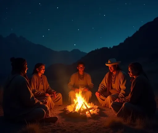 Prompt: (Ute family) gathered around a warm campfire, (traditional buckskin clothing) beautifully detailed, enjoying a rustic dinner under the starry night sky, warm amber glow, vibrant fire embers dancing in the cool evening air, serene wilderness backdrop with silhouetted mountains, (historic atmosphere), rich cultural heritage, 4K resolution, ultra-detailed, evocative scene capturing the essence of life's simplicity and connection to nature.