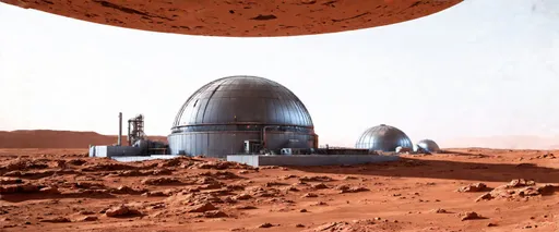 Prompt: Under a protective dome the Research station on Mars, detailed landscape view, high-tech futuristic 3D rendering, landing field off to the right of the dome. The administration complex, manufacturing facility domes forming the complex of the Martian colony. Martian terrain, realistic sci-fi, highres, ultra-detailed, futuristic, 3D rendering, martian landscape, high-tech facilities, industrial complex, red and orange tones, Martian atmosphere lighting