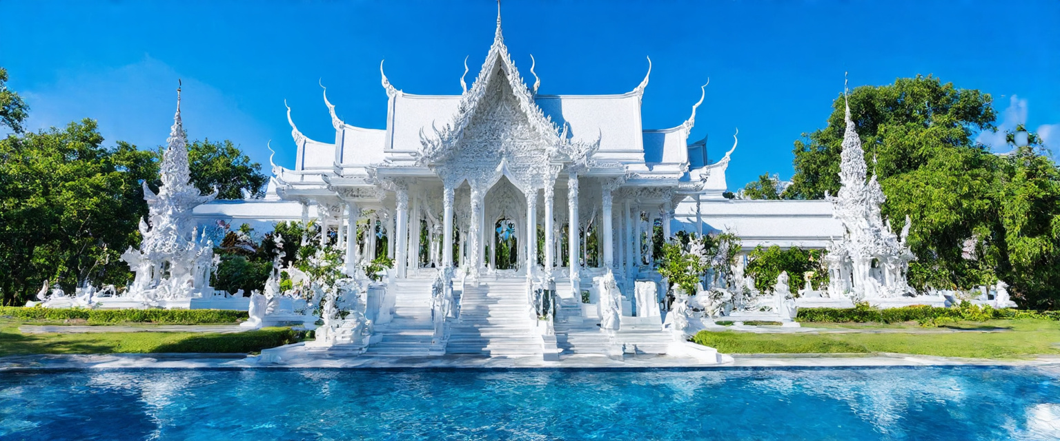 Prompt: Wat Rong Khun, Chiang Rai, Northern Thailand, Thailand

Wat Rong Khun, known as the White Temple, is located 13 km from the center of Chiang Rai. This modern Buddhist temple was designed and built by artist Chalemchai Kositpipat and opened to visitors in 1997. The temple impresses with its unique architecture, white color and many mirror elements symbolizing purity and spiritual enlightenment.

Inside the temple, you can see impressive paintings and sculptures that reflect Buddhist teachings and modern culture. The best time to visit is in the morning or evening, when the light highlights the beauty of the temple. You can get to Wat Rong Khun by taxi or bus from Chiang Rai.