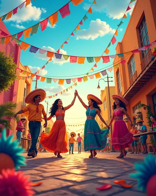 Prompt: Create a vibrant Cinco de Mayo greeting card bursting with life and color. The scene is set against a backdrop of a festive street celebration, with colorful papel picado banners fluttering in the warm breeze. The sky is a brilliant blue, dotted with fluffy white clouds as the sun casts a golden glow over the festivities. In the foreground, a joyful group of people is dancing, adorned in traditional attire: bright dresses, embroidered shirts, and wide-brimmed sombreros. Their expressions radiate excitement and camaraderie, embodying the spirit of the holiday. Surround the scene with lively maracas, piñatas bursting with color, and tables laden with delicious tacos and vibrant drinks. Use an advertising style that enhances this joyful atmosphere, ensuring the colors pop and captivate the viewer's attention.