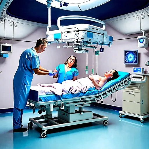 Prompt: Space station zero-gravity hospital delivery room, woman giving birth, doctor assisting, floating in air, detailed anatomy, professional, realistic, high quality medical equipment, realistic childbirth, professional medical lighting.