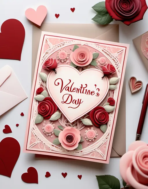 Prompt: Valentine's Day card, romantic and heartwarming design, soft pastel colors, delicate pink and red tones, adorned with whimsical hearts and roses, inviting handwritten messages, cozy vibe, intricate lace patterns, playful elements, charming typography, vintage aesthetic, perfect for expressing love, high-quality illustration, elegantly crafted for an unforgettable personal touch.
