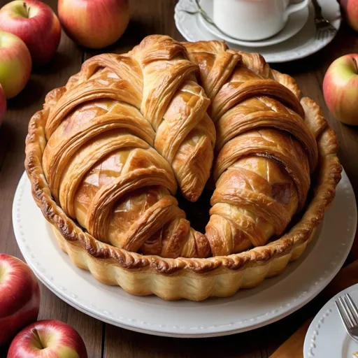 Prompt: Pastry fresh from the oven, flaky with butter between each of the delicate layers of delicious goodness. Pastries like a gift from the God's, tender croissant, lattice pie dough on apple pie. All the goodness from the baker to your lips. Arranged as the centerpiece of Thanksgiving dinner. 