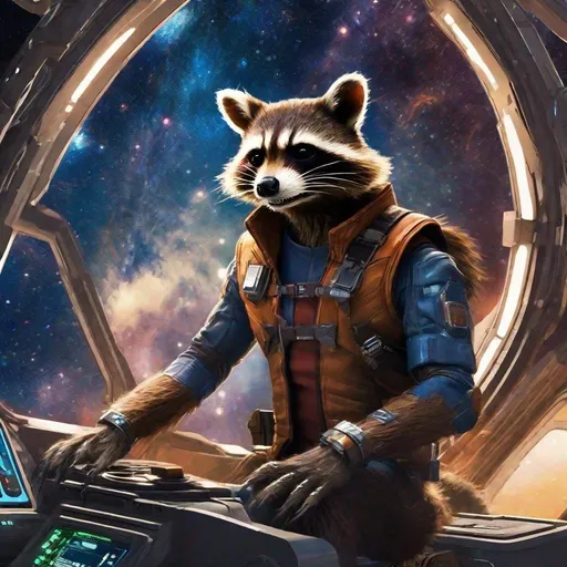 Prompt: Rocket Raccoon Guardian of the Galaxy at the controls of his starship. He is preparing for hyperspace. The Milky Way is seen through the forward viz-plates. His copilot is Ms. Universe.