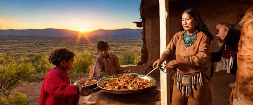 Prompt: A Navajo woman, adorned in turquoise jewelry, is pictured on a Pueblo overlooking a lush valley at sunset. She wears traditional buckskin clothing while preparing a dinner of traditional Native American food. Her husband and children, dressed in similar attire, eagerly await the meal in their cozy, rustic home.
