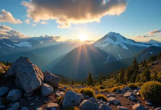 Prompt: Summit of Mount Rainier, breathtaking view looking south, Mount Hood majestically visible on the horizon, dramatic cloud formations above, vibrant blue sky, sun casting a warm golden glow, foreground with rugged rocks and lush alpine vegetation, serene atmosphere, high resolution, ultra-detailed, cinematic depth, natural beauty, expansive vista capturing the grandeur of the Northwest wilderness.