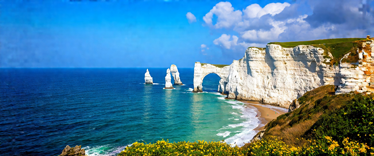 Prompt: Chalk Cliffs of Etretat, Normandy, France

The chalk cliffs of Étretat are famous white cliffs located on the coast of Normandy in France. The cliffs rise dramatically above the sea and are known for their natural arches and jagged sea stacks. Some of the most notable formations are “Arch” and “Needle”.

Étretat is a popular tourist destination offering spectacular views and hiking opportunities. The rocks have inspired many artists, including Claude Monet, who captured them in a series of paintings.