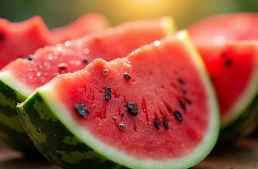 Prompt: (vibrant watermelons), gorgeous red and green colors, capturing glistening water droplets, tender texture, juicy flesh, alluring freshness, basking in warm sunlight, inviting and cheerful ambiance, celebrating the final days of the season, ultra-detailed, HD quality, perfect for summer fruit lovers, a tantalizing treat awaits with every bite.