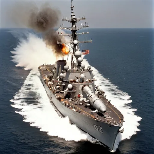 Prompt: The ((USS O'Brien)) ((DD-725)) Allen Sumner class destroyer, 1966 configuration, firing broadside at the enemy positions in the Vietnam War. ,highly detailed, looking at the bow from above  hull numbers ((725)) on the bow, both forward gun mounts and the aft gun mount are firing broadside to starboard at the same time.