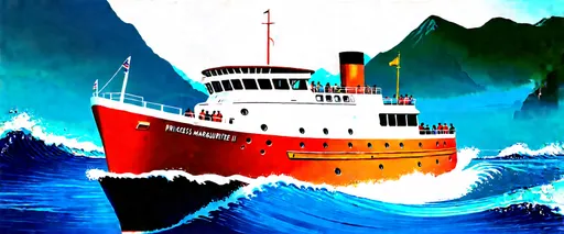 Prompt: Coastal passenger vessel Princess Marguerite II, a vibrant representation of a historic ship, navigating through the stunning waters of British Columbia, blue waves reflecting sunlight, majestic mountains in the background, artistic rendering showcasing the vintage design, passengers visible on board, warm ambiance highlighting its local charm and significance, (4K) ultradetailed illustration embodying maritime history.