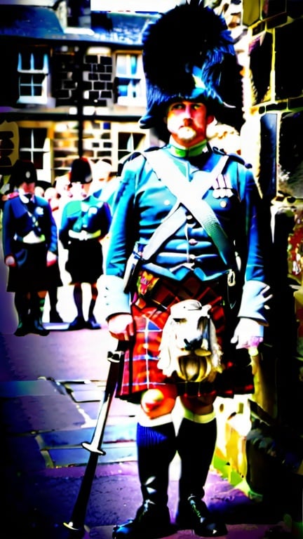Prompt: A Royal Scots Guard in full formal Kilt standing at attention at the entrance to Edinburgh Castle. 