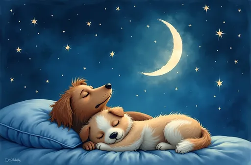 Prompt: In a tranquil night scene, a luminous crescent moon hangs high in a velvety indigo sky, its silvery glow casting a gentle radiance over the world below. Surrounding it, countless stars twinkle like tiny diamonds, their soft brilliance illuminating the canvas of night, creating a sense of serene wonder. Amidst this celestial beauty, the viewer feels the warmth of a strong but tender gaze, embodying deep affection and friendship—bright eyes reflecting the starlight as they watch over a peaceful sleeper. The air is cool and refreshing, brushed with whispers of a soft breeze that carries the soothing sounds of nature. This dreamy watercolor illustration captures the profound connection and comfort of companionship, culminating in a heartfelt wish for sweet dreams.