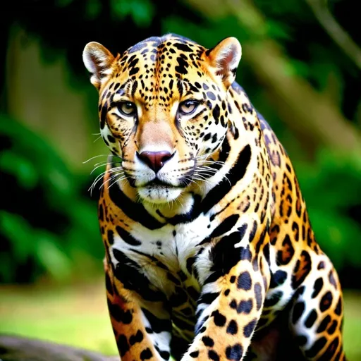 Prompt: The jaguar is a large cat species and the only living member of the genus Panthera native to the Americas. With a body length of up to 1.85 m (6 ft 1 in) and a weight of up to 158 kg (348 lb), it is the biggest cat species in the Americas and the third largest in the world.The modern jaguar's ancestors probably entered the Americas from Eurasia during the Early Pleistocene via the land bridge that once spanned the Bering Strait.