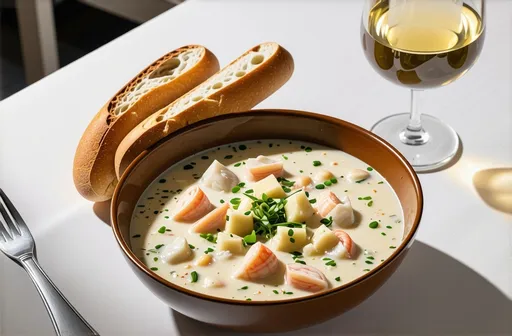 Prompt: A delightful seafood lunch, a steaming bowl of creamy clam chowder, accompanied by freshly baked French baguettes, chilled glass of chardonnay, warm sunlight pouring in, elegant table setting, cozy and inviting atmosphere, subtle appetizing aroma, high-quality 4K, realistic textures, warm color tones, capturing the essence of gourmet dining experience.