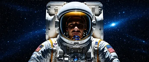 Prompt: (astronaut in EVA spacesuit), highly realistic materials, intricate reflections on visor, (photo-realistic lighting), ultra-detailed textures, cosmic backdrop, dark space background with distant stars, enhanced surface details of the suit, dramatic shadows and highlights, (high definition), capturing the essence of space exploration and adventure, immersive atmosphere, showcasing the beauty of the unknown.