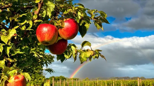 Prompt: (Orchard of apples), vibrant red Roma apples hanging on lush green twigs, (sunshine) filtering through the leaves casting warm golden light, (rows of apple trees) stretching into the distance, serene blue sky adorned with (gray broken clouds), a brilliant rainbow gracefully arching over the scene, tranquil ambiance, nature's bounty, (highly detailed), (4K)高清.