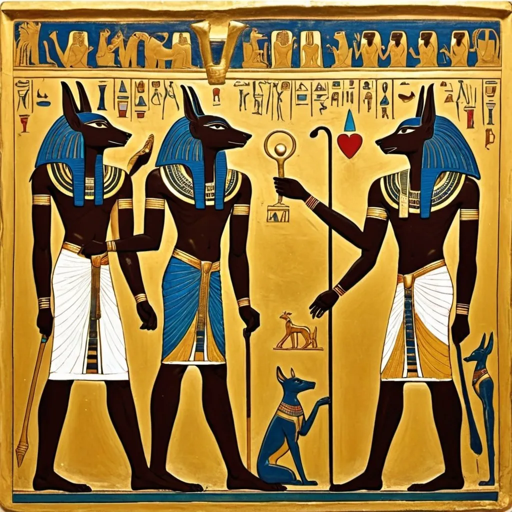 Prompt: Anubis is weighing the soul of King Tut. The King died too soon. Aunbis is holding Tut's soul which is in the shape of a gold heart. Anubis see's only goodness in Tut. Anubis is putting King Tut on the Royal barge on the Nile with the other worthy souls.