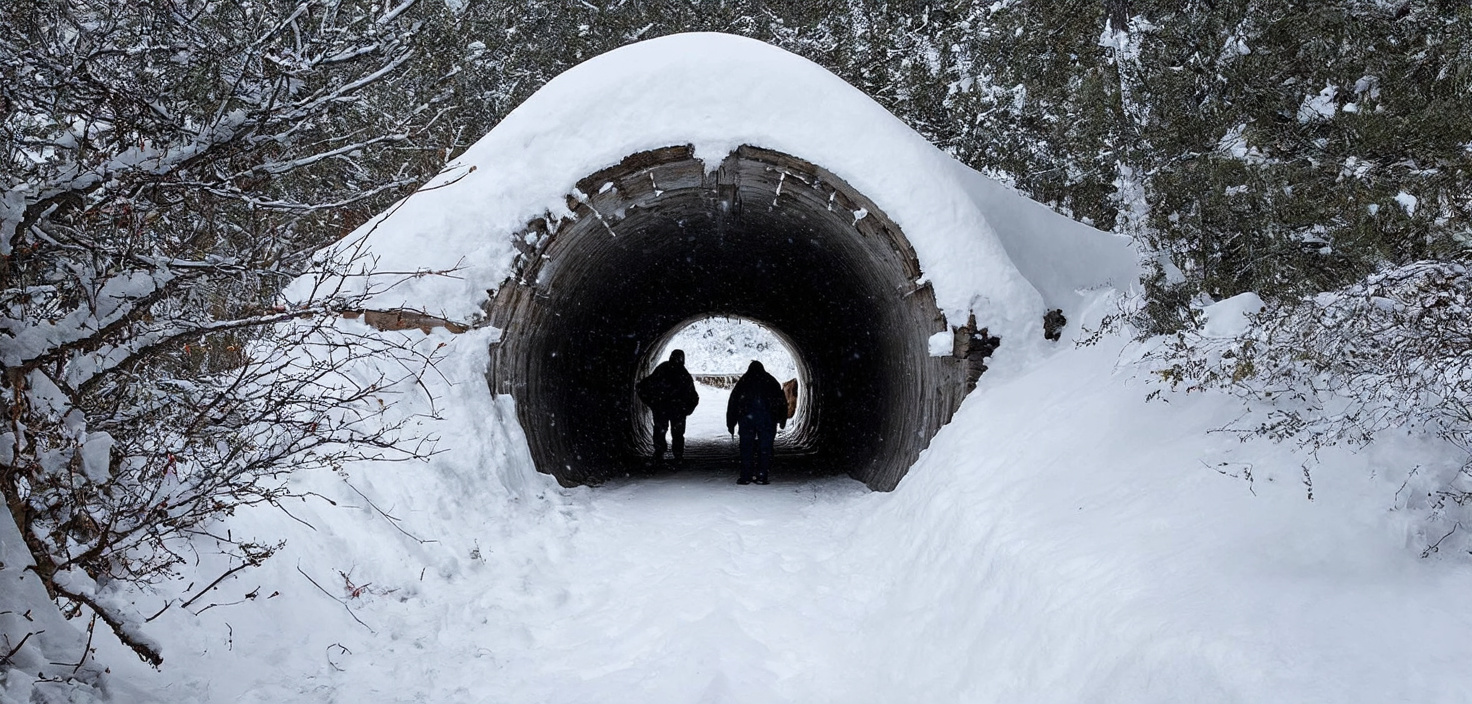 Prompt: In Alberta, Canada, winter arrives with a blanket of snow so deep, locals are compelled to dig tunnels for barn access. Amidst the  snow a farmhouse stands resilient. A tunnel, laboriously carved through towering snowdrifts, guides the way to the barn. Inside, farmers tend to the animals, their breath visible in the chilly air showing the spirit of rural Canadian life