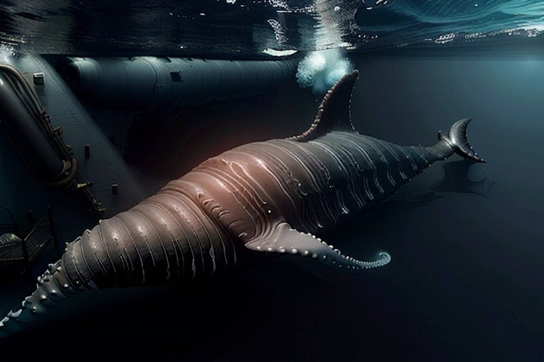 Prompt: The Nautilus, running through the deep ocean, slient, black, deadly. It's black hull sleek and slient. At 1500 feet down under the surface of the sea, streamlined for stealth, only moving at 7 knots, an inquisitive whale is investigating the nuclear submarine. 