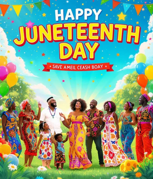 Prompt: Create a vibrant Juneteenth Day card that bursts with joy and celebration. The background should be a kaleidoscope of bright colors—royal blues, fiery reds, and sunny yellows—evoking a festive atmosphere. Center the image around a cheerful family gathered in a park, dressed in traditional African attire adorned with colorful patterns. They are laughing, some holding balloons that float against a clear blue sky, while others dance joyfully on a grassy field. Add banners and decorations featuring empowering symbols and phrases celebrating freedom, illuminated by radiant sunlight. The overall style should embody bold, eye-catching advertising aesthetics that convey happiness and pride, making the viewer feel the spirit of this significant day.