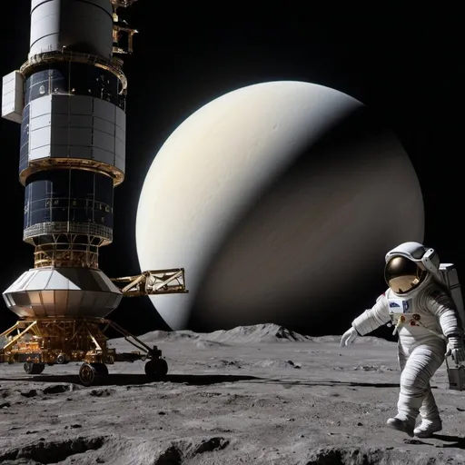 Prompt: Enceladus one of the largest moons of Saturn is the outpost of the Starbase program. The interstellar mission is being assembled on the launch assembly platform. The final loading of cargo is being transferred to the ship by men in spacesuits. The rings of Saturn are seen over the horizon. 